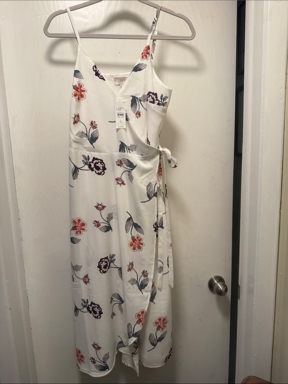 LOFT White Floral Wrap Midi Dress with Red & Purple Blooms